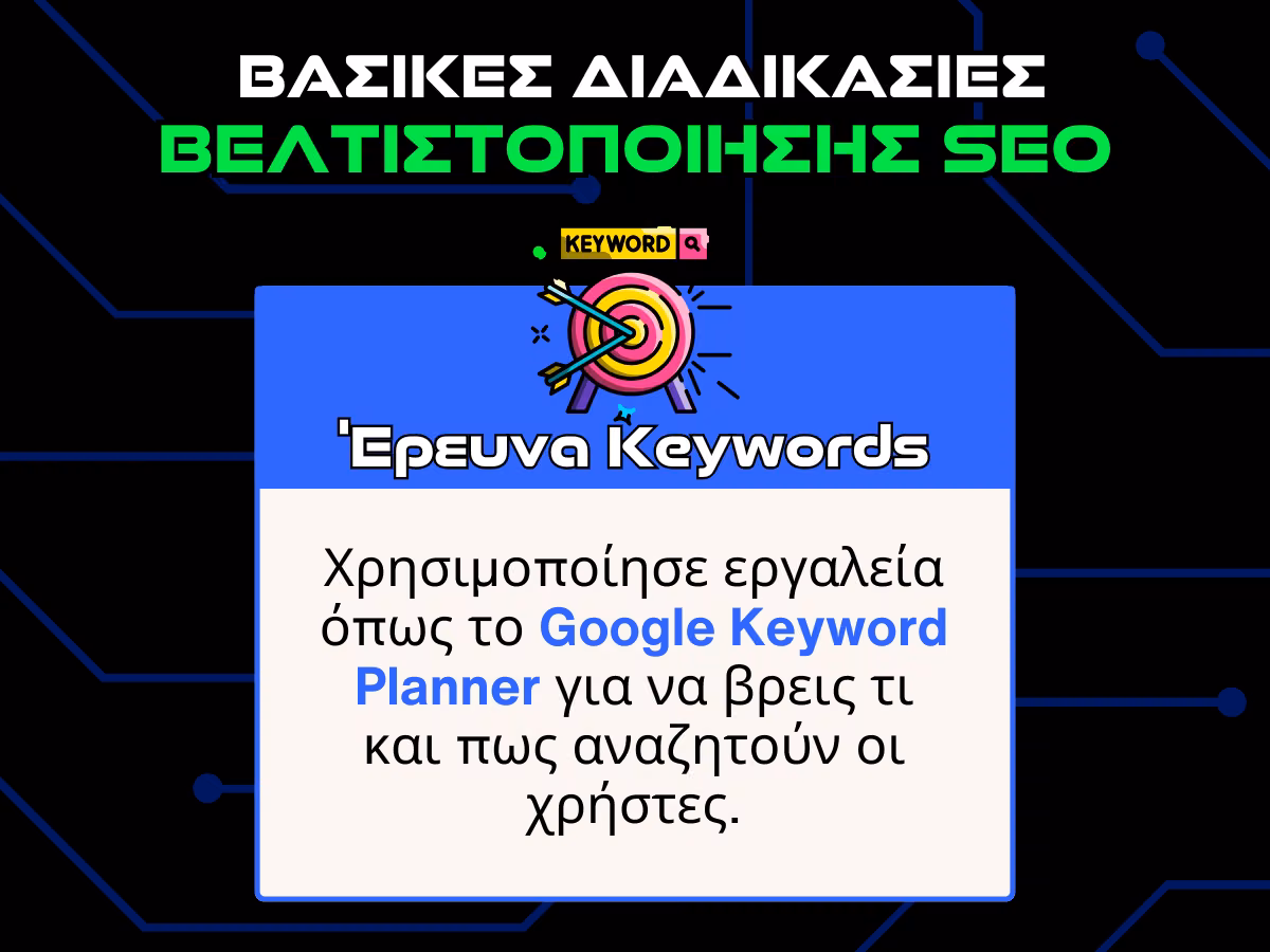 βασικες διαδικασιες βελτιστοποιησης SEO - keyword research infographic
